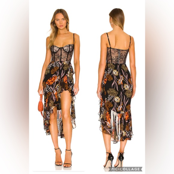 KATIE MAY | Take A Sip Black 70s Floral Orange Lace Corset Flowy Dress XS - Picture 2 of 16